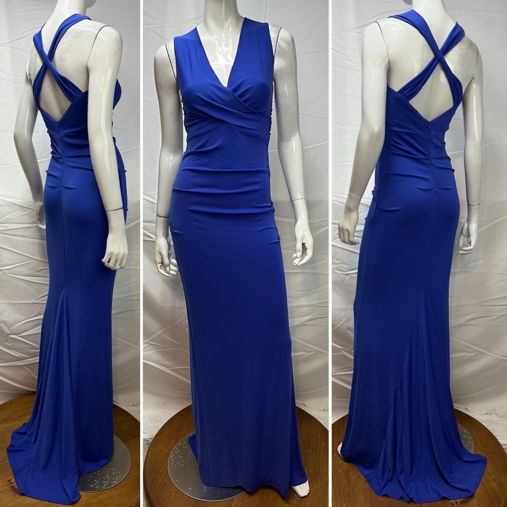 $358 Nicole Miller Women’s 4 Purple Criss-Cross Side Ruched Train Gown Dress